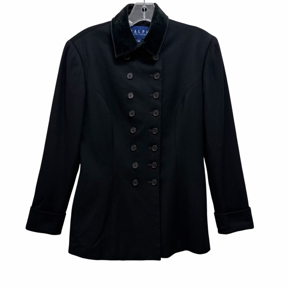 Ralph Lauren Vintage Wool Coat Jacket Velvet Collar USA Union Tag Black Size 4